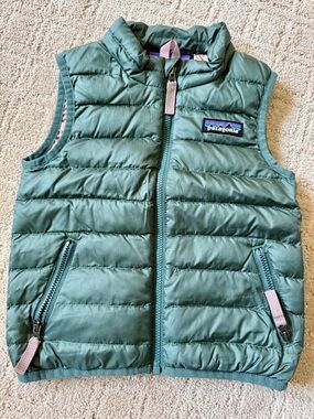 Patagonia Quilted Puffer Vest in Green with Pink Lining
